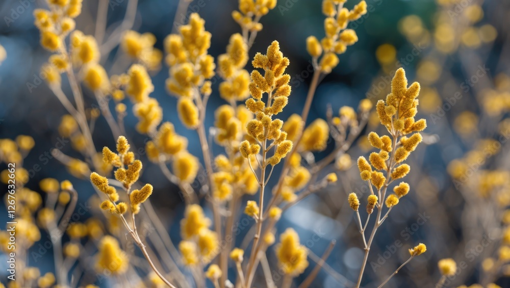 Yellow spikelet flowers in a natural setting with blurred background showcasing the beauty of dried plants and soft lighting. Yellow spikelet flowers in a natural setting with blurred background showcasing the beauty of dried plants and soft lighting.