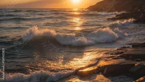 Golden Sunset Illuminates Waves Crashing on Rocky Shore Creating Beautiful Reflections in Calm Ocean Waters photo