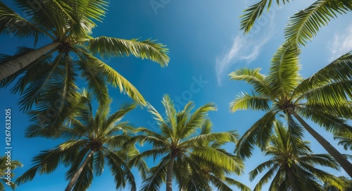 Wallpaper Mural Tropical Green Palm Fronds Reaching Towards Clear Blue Sky in Lush Paradise Setting Ideal for Vacation and Relaxation Concepts Torontodigital.ca