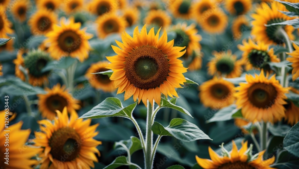 Fototapeta premium Vibrant sunflower field showcasing bright orange flowers surrounded by lush green leaves under natural sunlight.