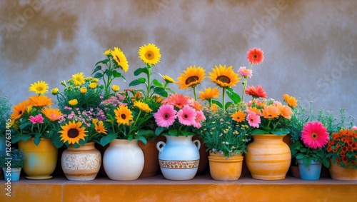 Wallpaper Mural Vibrant Summer Flowers in Colorful Pots Outdoor Creating a Charming Decorative Scene with Space for Text or Promotion Torontodigital.ca