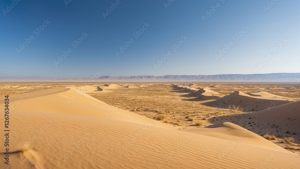 Endless Sand Dunes Under Clear Blue Sky in Desert Landscape with Striking Patterns and Textures of Nature Endless Sand Dunes Under Clear Blue Sky in Desert Landscape with Striking Patterns and Textures of Nature