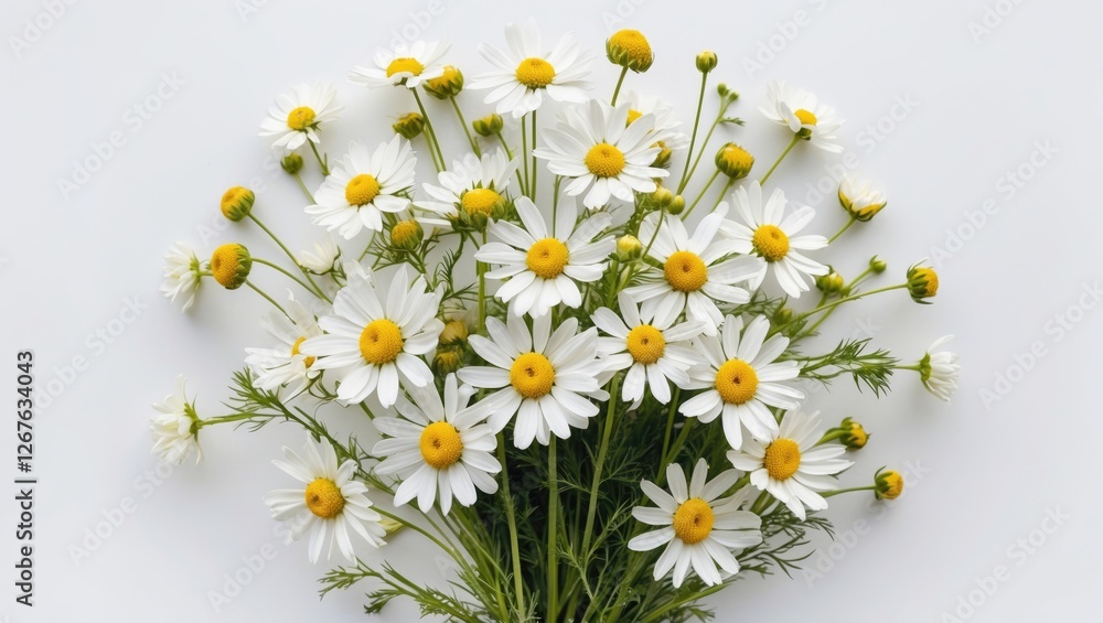 Obraz premium Fresh Wild Chamomile Bouquet on White Background Perfect for Spring or Summer Floral Arrangements with Space for Your Text or Design
