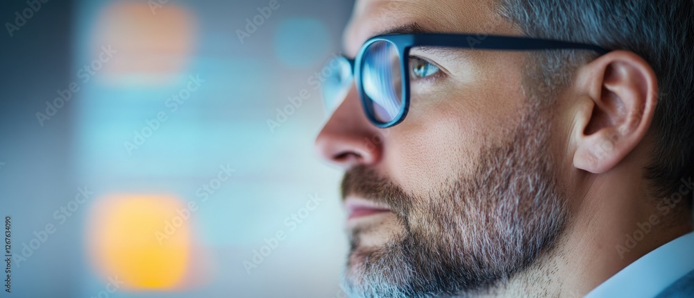 man with glasses looking at screen man with glasses looking at screen
