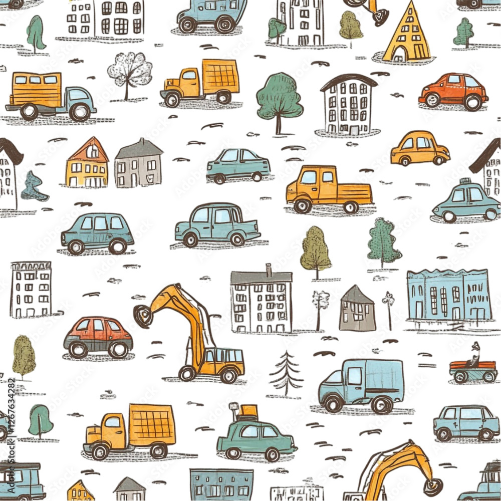 Whimsical Cityscape Busy Vehicles Happy Commute Whimsical Cityscape Busy Vehicles Happy Commute