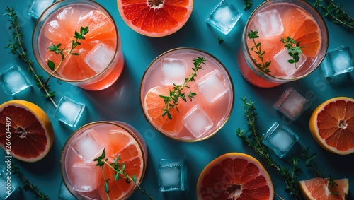 Refreshing Grapefruit Cocktails with Ice Cubes and Thyme Garnish on a Bright Background Perfect for Summer Drink Promotions photo