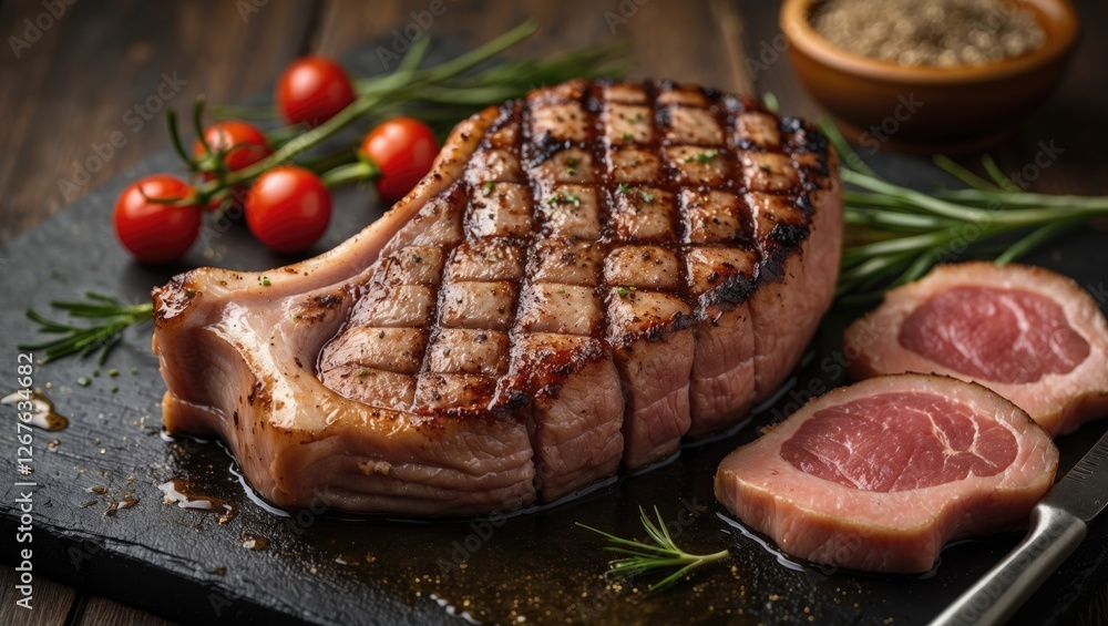 Grilled Juicy Pork Neck Steak on a Slate Serving Board with Cherry Tomatoes and Fresh Herbs in a Rustic Kitchen Setting Grilled Juicy Pork Neck Steak on a Slate Serving Board with Cherry Tomatoes and Fresh Herbs in a Rustic Kitchen Setting