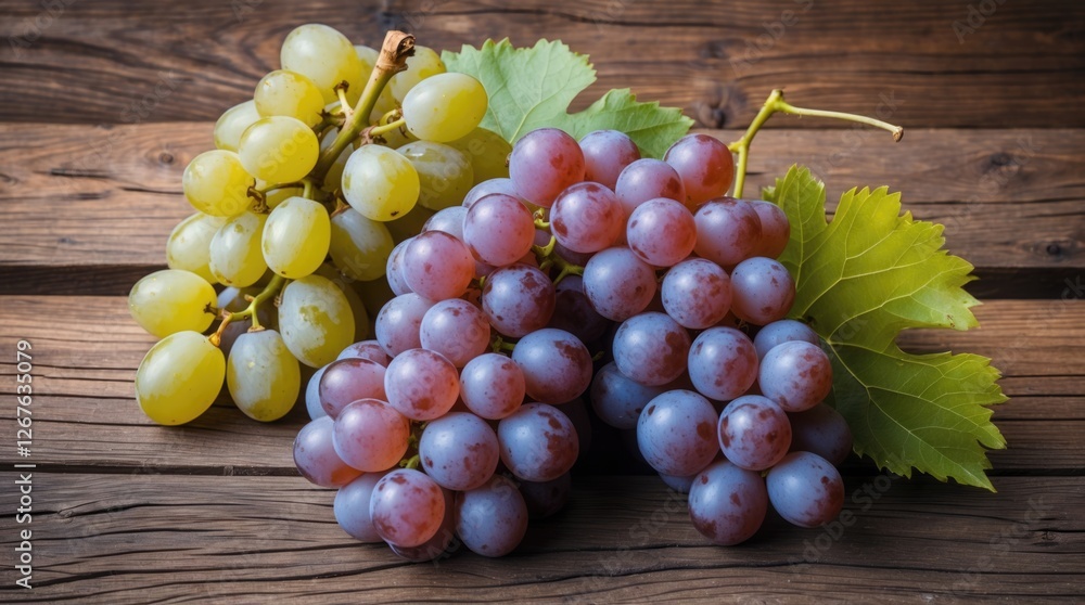 Assorted fresh grapes on rustic wooden background showcasing green and red varieties with lush green leaves. Perfect for food and health themes. Assorted fresh grapes on rustic wooden background showcasing green and red varieties with lush green leaves. Perfect for food and health themes.