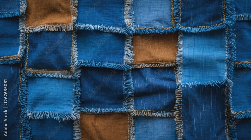 Textured patchwork fabric featuring various shades of blue and brown, ideal for textile design, fashion, and interior decor themes. Textured patchwork fabric featuring various shades of blue and brown, ideal for textile design, fashion, and interior decor themes.