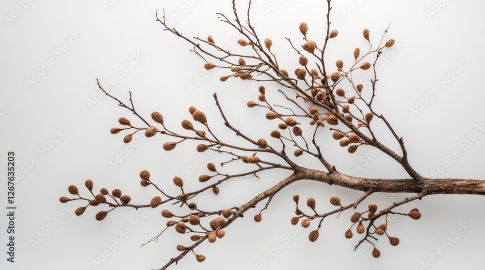 Dry decorative branch with pods isolated on white background suitable for natural composition designs and artistic arrangements. Dry decorative branch with pods isolated on white background suitable for natural composition designs and artistic arrangements.
