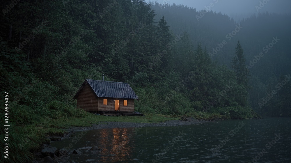 Lakeside cabin at dusk, misty forest, tranquil scene, nature escape Lakeside cabin at dusk, misty forest, tranquil scene, nature escape