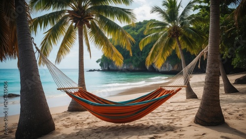 Tropical Beach Scene with Colorful Hammock Nestled Between Lush Palm Trees by the Shoreline on a Sunny Day