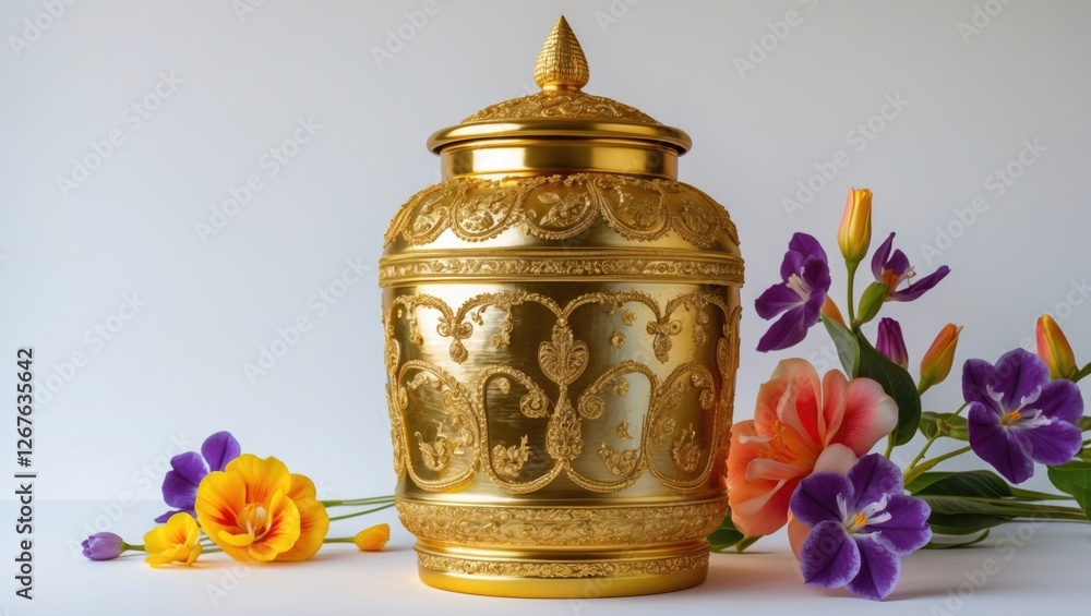 Thai style golden jar with intricate patterns and flowers, showcasing traditional craftsmanship and elegance, isolated on a bright background. Thai style golden jar with intricate patterns and flowers, showcasing traditional craftsmanship and elegance, isolated on a bright background.