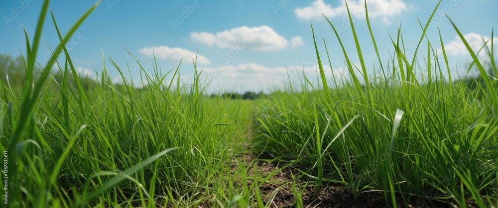 Obraz premium Vibrant Green Grass Reaching Towards Bright Blue Sky Under Sunny Summer Atmosphere With Room For Text Overlay