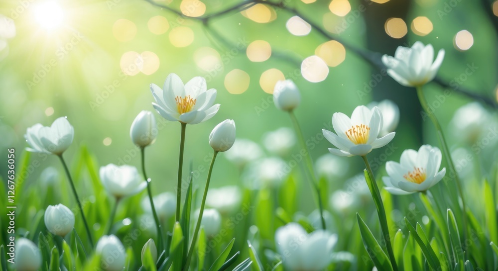 Spring flowers blooming in a serene light-filled garden with gentle bokeh and greenery creating a tranquil and refreshing atmosphere. Spring flowers blooming in a serene light-filled garden with gentle bokeh and greenery creating a tranquil and refreshing atmosphere.