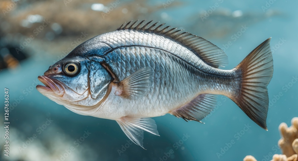Porgy Fish Swimming in Clear Water with Empty Space for Text Overlay Ideal for Marine Life Publications Porgy Fish Swimming in Clear Water with Empty Space for Text Overlay Ideal for Marine Life Publications