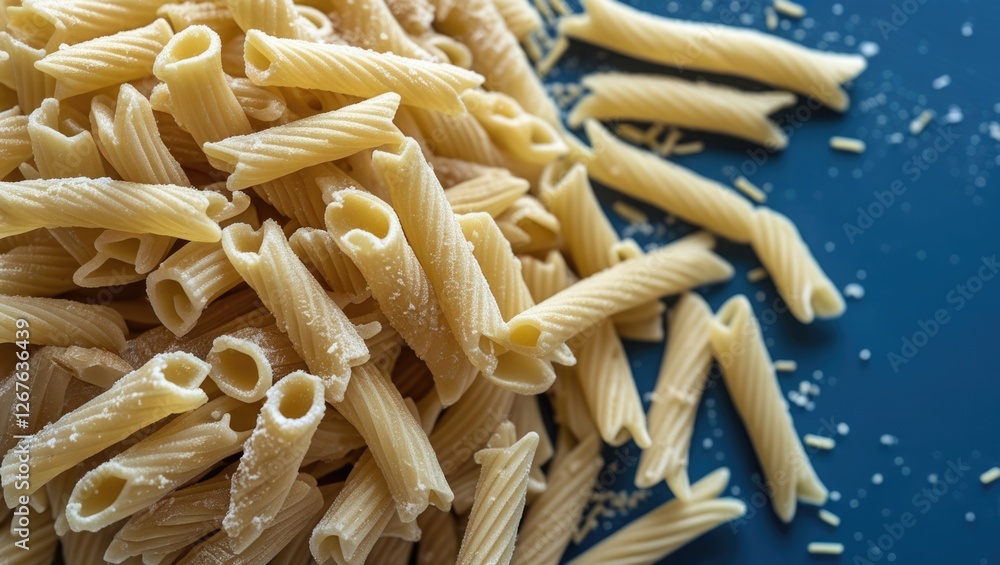 Close-up of dry pasta noodles arranged on a blue background creating an appetizing texture perfect for culinary or food-related projects. Close-up of dry pasta noodles arranged on a blue background creating an appetizing texture perfect for culinary or food-related projects.