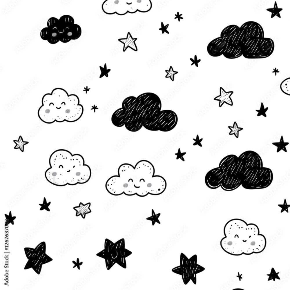 Obraz premium Cheerful clouds and stars whimsical pattern happy design