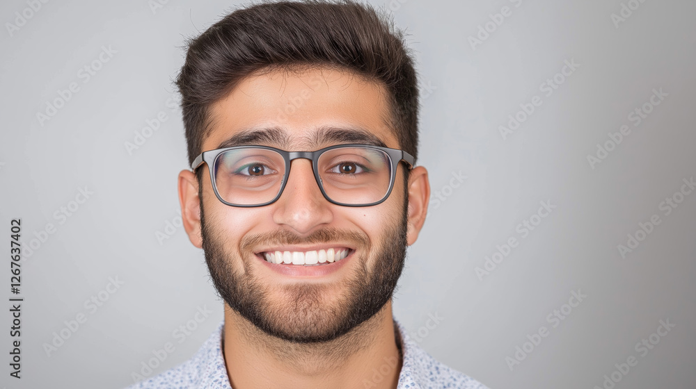 Young MiddleEastern man smiling confidently with glasses in a professional portrait setting Young MiddleEastern man smiling confidently with glasses in a professional portrait setting