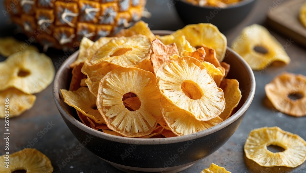 Dried Pineapple Crisps in a Bowl with Surrounding Chips and Empty Space for Text in a Natural Setting Dried Pineapple Crisps in a Bowl with Surrounding Chips and Empty Space for Text in a Natural Setting
