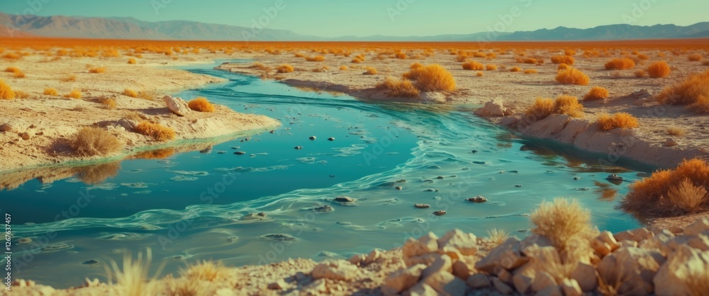 Obraz premium Vibrant desert landscape with a shimmering river reflecting blue skies amidst arid surroundings highlighting drought effects.