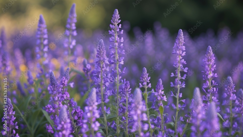 Obraz premium Vibrant Purple Salvia Flowers Blooming in a Field Under Natural Light