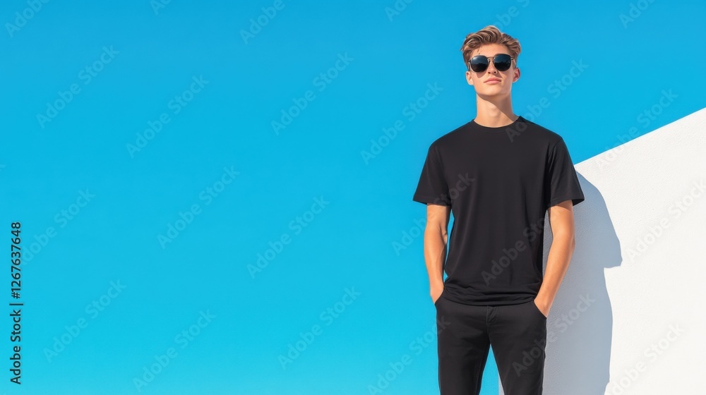man in black stands against bright blue sky man in black stands against bright blue sky