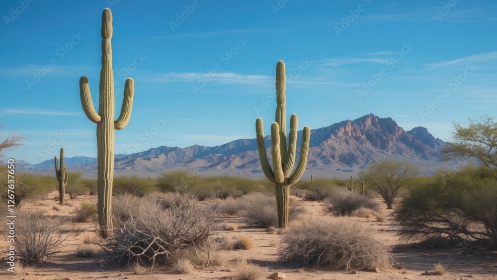 Vast Desert Landscape Featuring Cacti Sparse Vegetation and Majestic Mountains Under Bright Clear Blue Sky