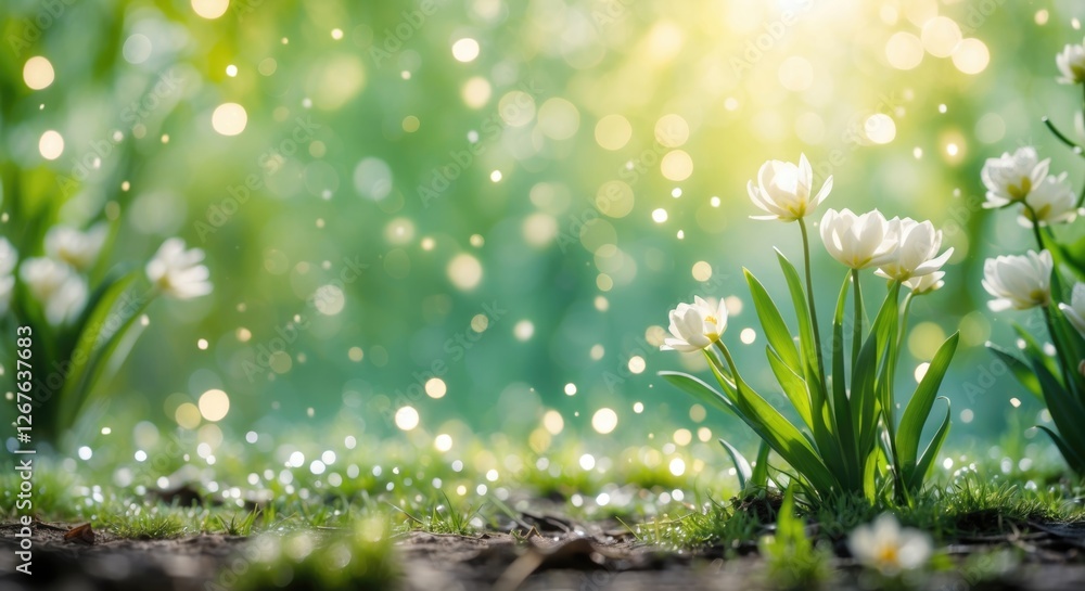 Fototapeta premium Delicate spring flowers basking in soft natural light with a vibrant green background and mesmerizing bokeh effects in a tranquil garden setting