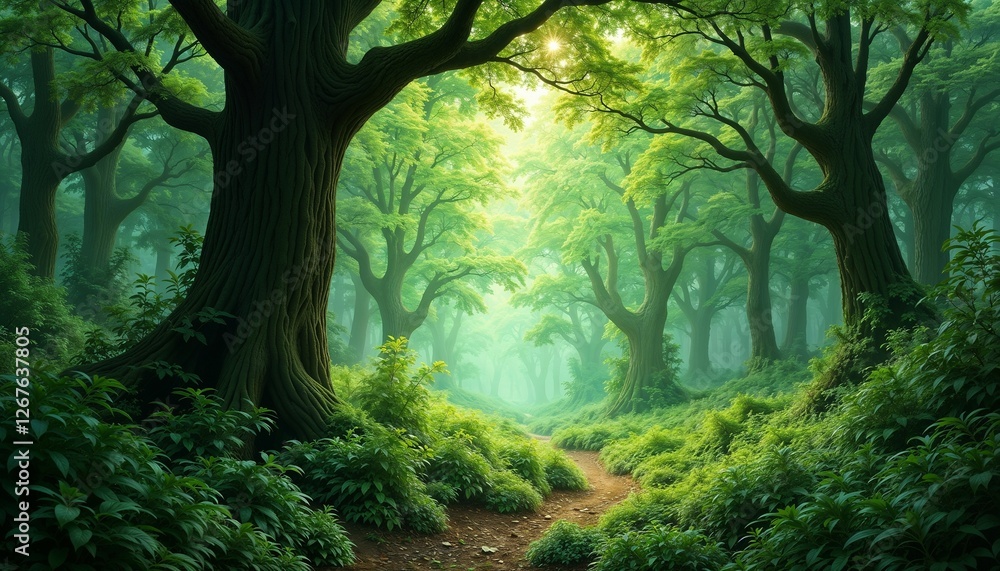 Fototapeta premium Enchanted forest path with sunlight streaming through lush trees.