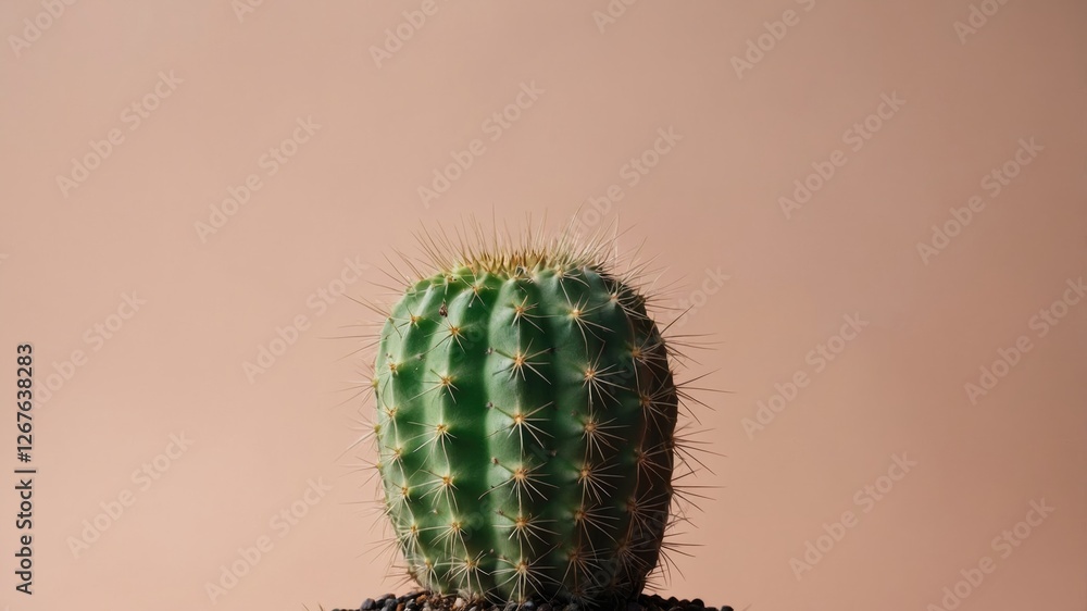 Naklejka premium Minimalist Green Cactus Against Soft Beige Background With Space For Text Ideal For Nature Themes And Home Decor Concepts