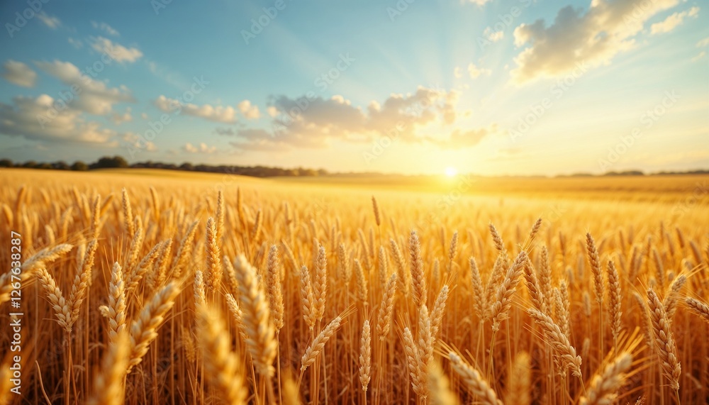 Obraz premium Golden wheat field at sunset, landscape photography style