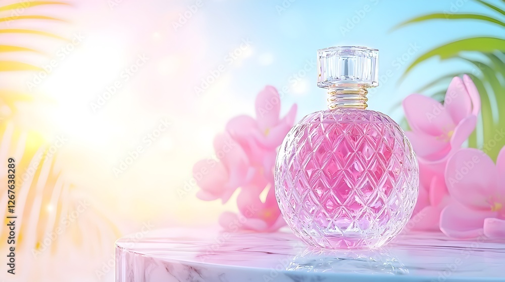 A bottle of perfume is sitting on a table next to some pink flowers A bottle of perfume is sitting on a table next to some pink flowers