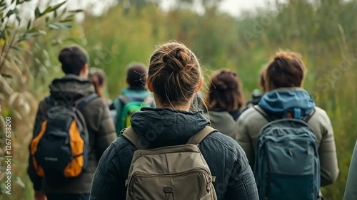 A group of students on an educational nature walk through a green reserve, observing plants and wildlife. Backpacks and warm clothing suggest an outdoor learning experience in an eco-friendly setting.