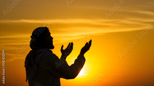 A faithful Arabic man silhouetted in prayer against a radiant sunset, showcasing devotion, spirituality and a serene moment of worship under a golden sky photo