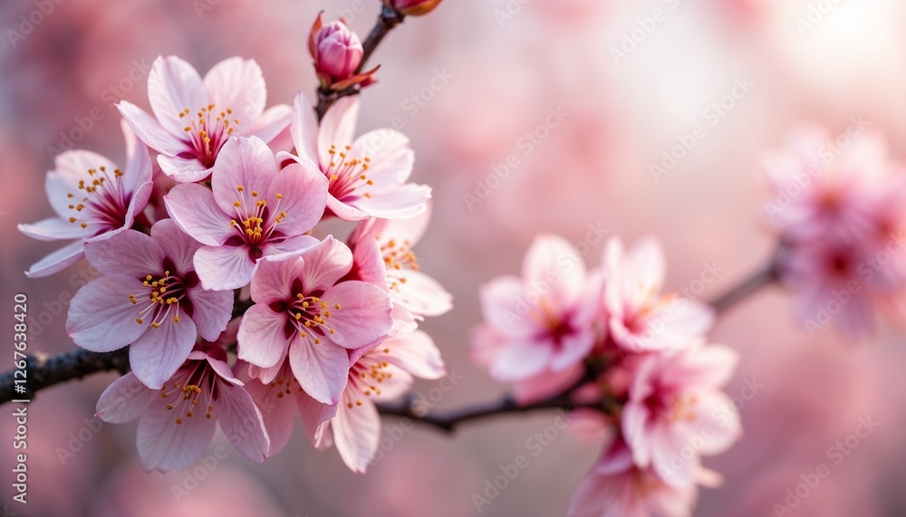 Branch with pink flowers on a light background, macro photography style Branch with pink flowers on a light background, macro photography style