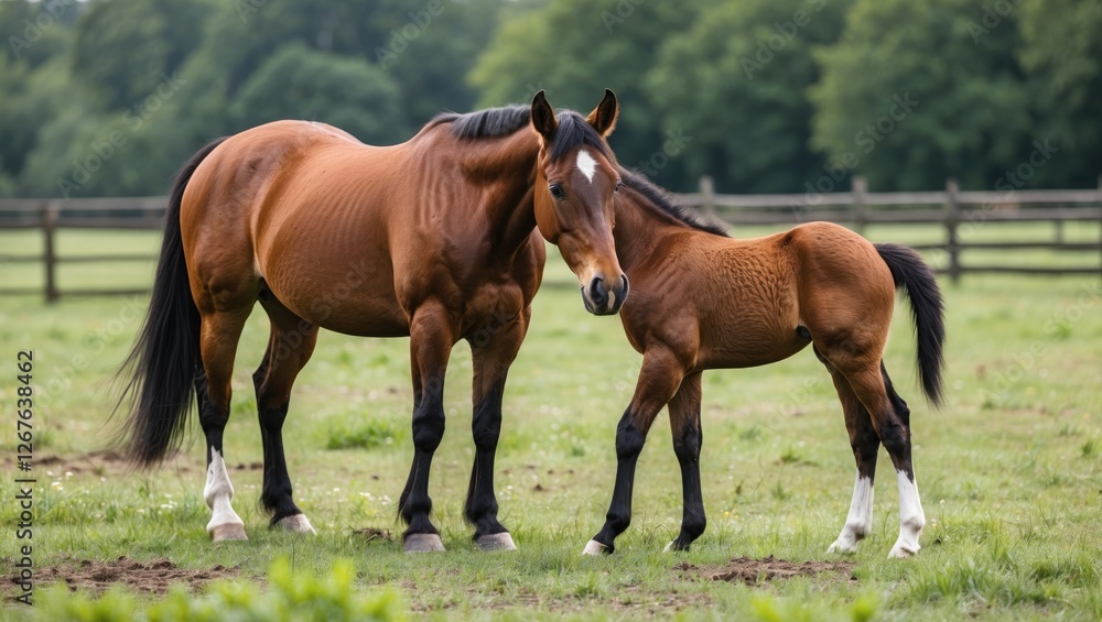 Brown Mare and Foal Grazing Together in a Sunny Pasture on a Farm Showing Bonding and Nature in Summer Scenery Brown Mare and Foal Grazing Together in a Sunny Pasture on a Farm Showing Bonding and Nature in Summer Scenery