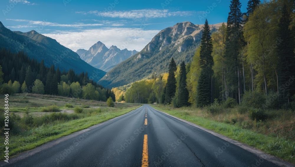 Fototapeta premium Scenic Asphalt Road Through Lush Forest and Majestic Mountains Under Bright Blue Sky in a Serene Nature Landscape
