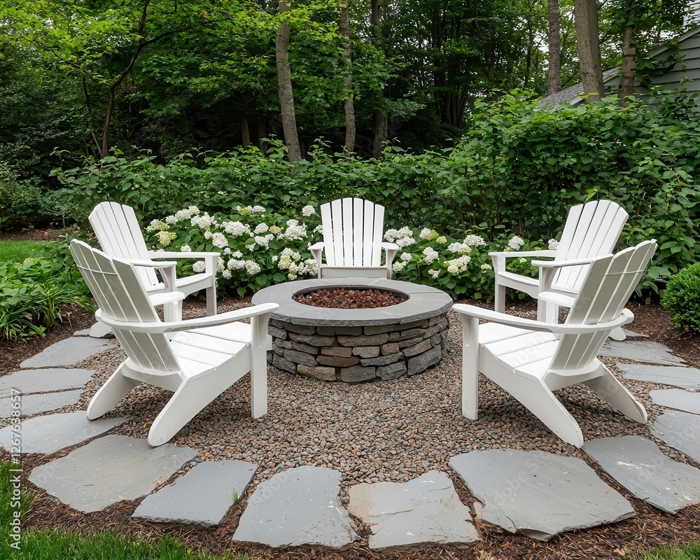 A patch of dirt turned into a stone patio with a fire pit and seating areas A patch of dirt turned into a stone patio with a fire pit and seating areas
