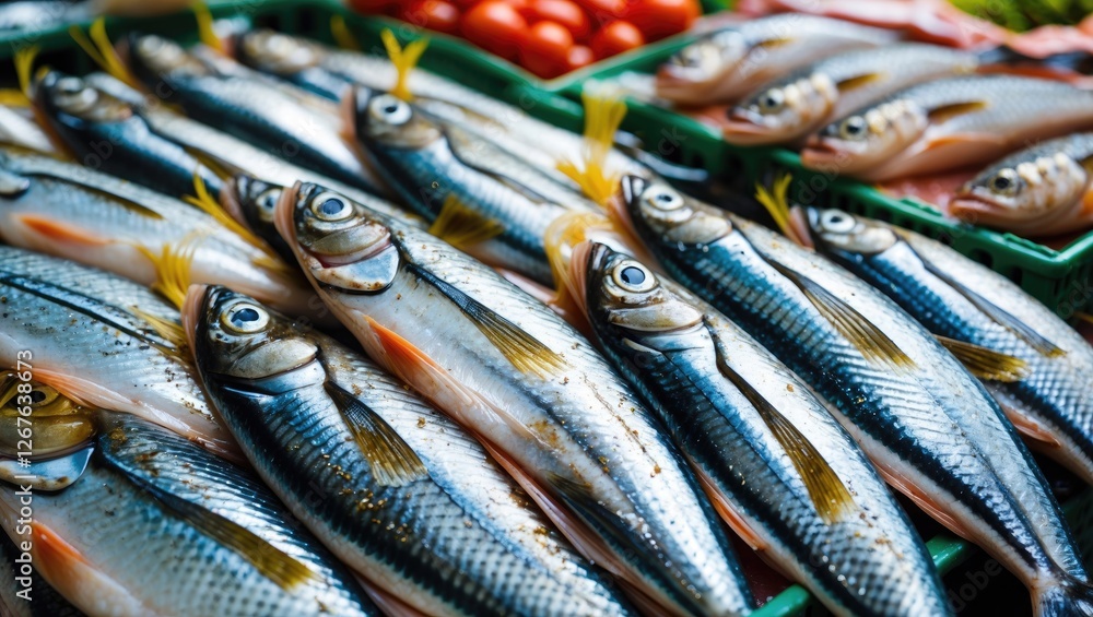 Fototapeta premium Fresh Sardines Displayed at Market with Cherry Tomatoes and Green Baskets for Sale Ready for Culinary Preparation or Seafood Menu Options