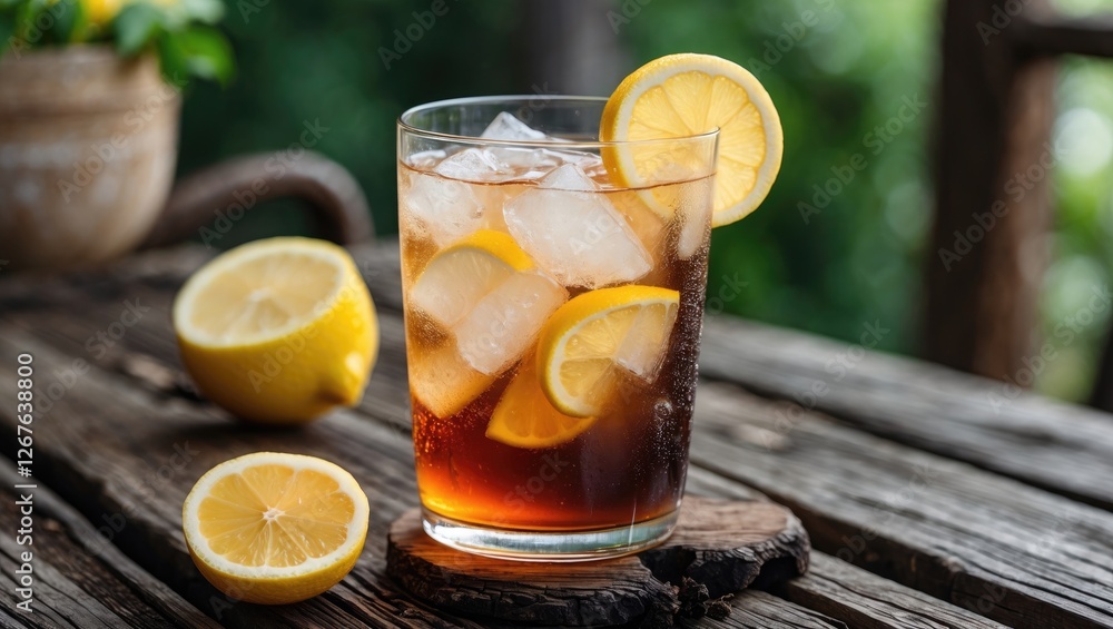 Fototapeta premium Refreshing iced tea with lemon slices on rustic wooden table, ideal for summer promotions and beverage advertisements. Empty space for text.
