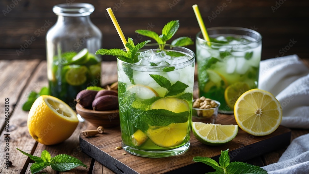 Refreshing Mojito Cocktail with Fresh Ingredients on Rustic Wooden Table Refreshing Mojito Cocktail with Fresh Ingredients on Rustic Wooden Table