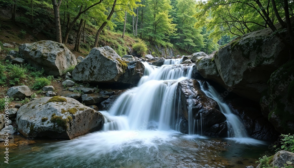 Picturesque waterfall surrounded by green trees and rocks, in landscape photography style Picturesque waterfall surrounded by green trees and rocks, in landscape photography style