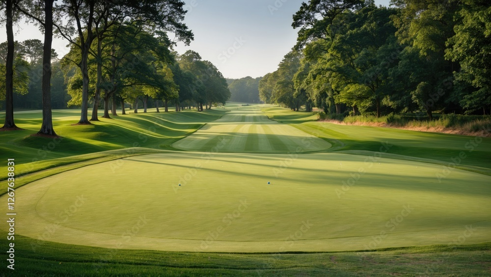 Fototapeta premium Serene Green Fairway Scene with Lush Trees and Clear Sky Ideal for Golf and Nature Themed Content with Space for Custom Text