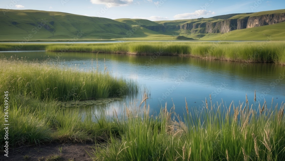 Lush Green Grassland Surrounding Tranquil Reservoir Under Clear Blue Sky in Scenic Landscape Lush Green Grassland Surrounding Tranquil Reservoir Under Clear Blue Sky in Scenic Landscape