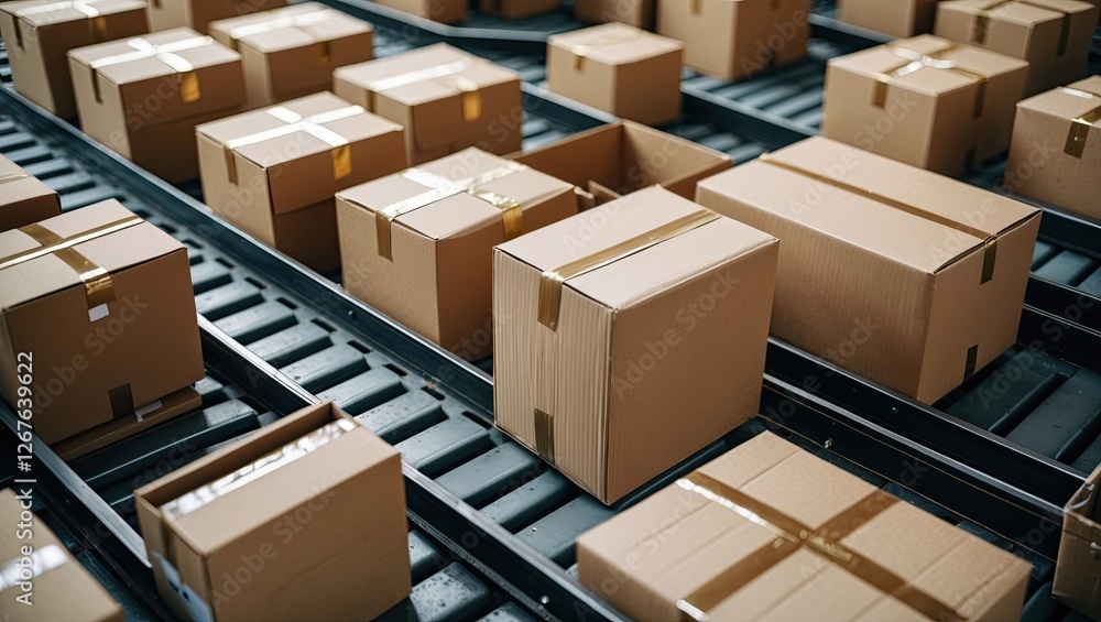 Aerial view of numerous cardboard boxes on a conveyor belt in a distribution center, showcasing an organized logistics environment Aerial view of numerous cardboard boxes on a conveyor belt in a distribution center, showcasing an organized logistics environment