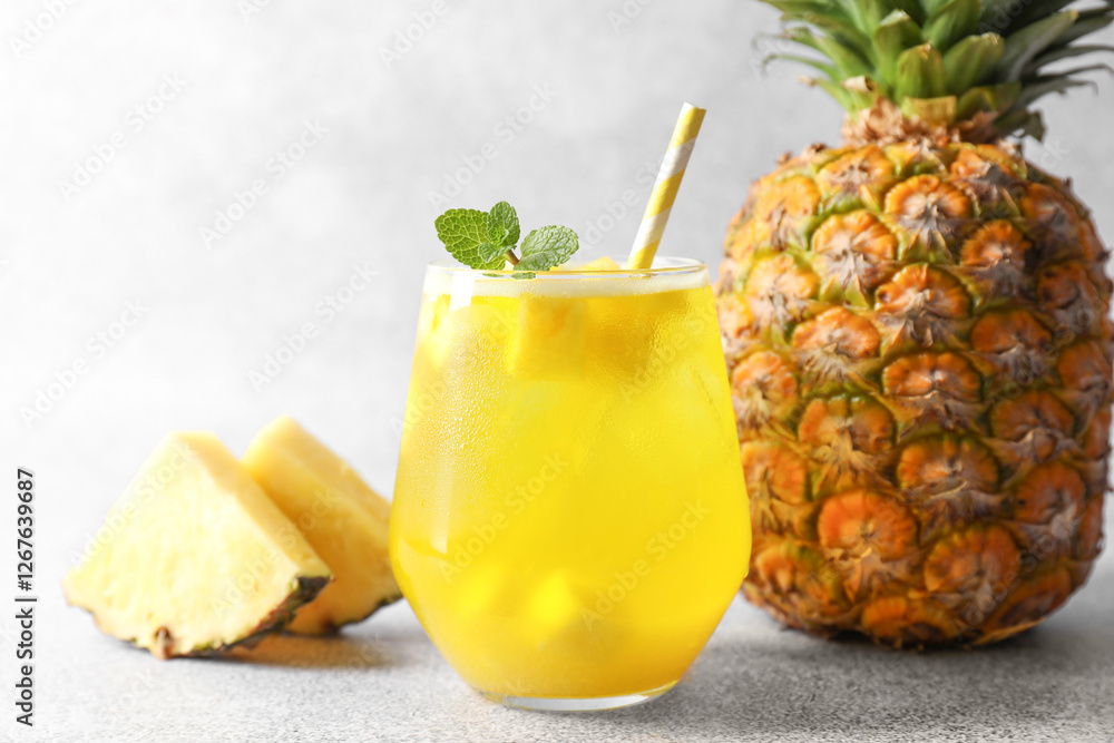 Tasty pineapple cocktail with mint in glass on gray table Tasty pineapple cocktail with mint in glass on gray table