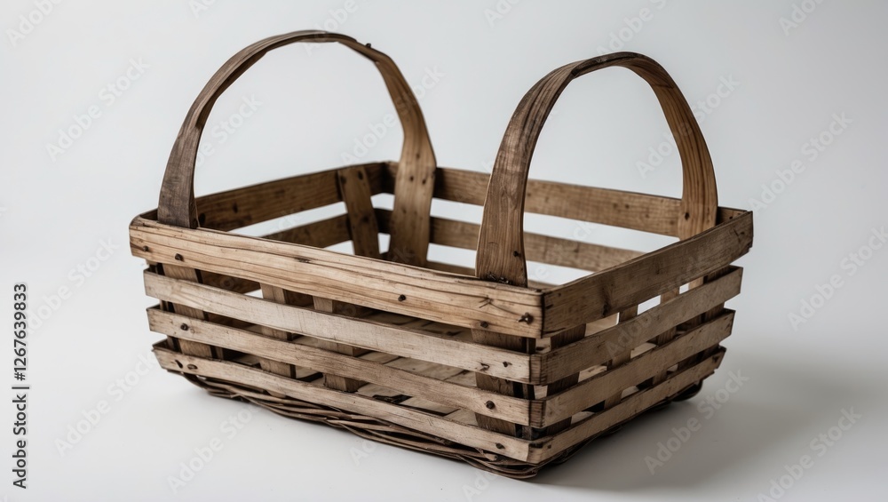 Empty Rustic Wooden Basket Isolated on White Background with Ample Space for Text or Product Placement. Empty Rustic Wooden Basket Isolated on White Background with Ample Space for Text or Product Placement.
