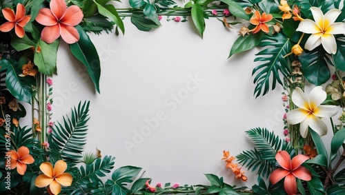 Tropical flower and leaf frame design background for invitations or summer themed events with a blank center for customization.