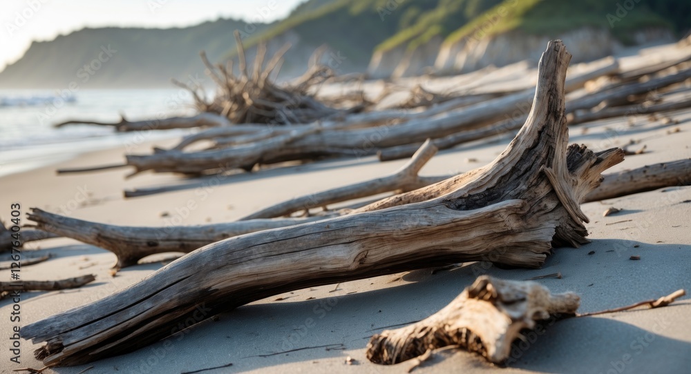 Driftwood Littering a Serene Beach with Copy Space for Text in a Tranquil Coastal Landscape Driftwood Littering a Serene Beach with Copy Space for Text in a Tranquil Coastal Landscape